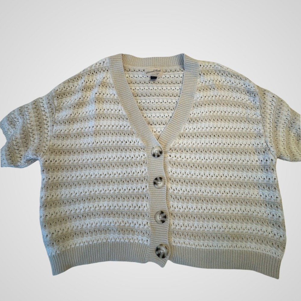 Universal Thread Womens Small Cream Tan Striped Pointelle Short Sleeve Cardigan